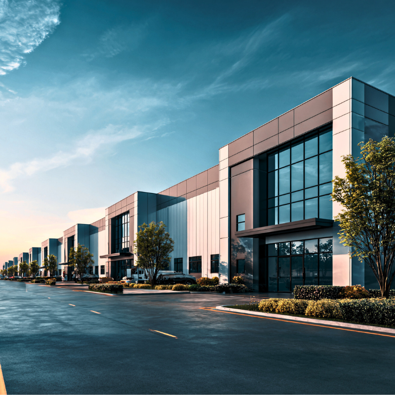 Modern industrial warehouse buildings along a business park roadway